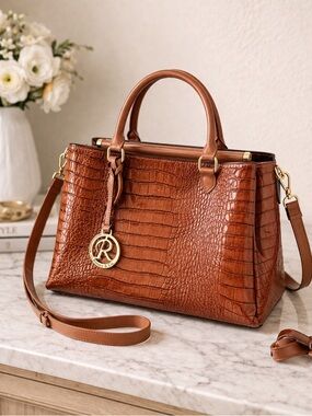 RIMEN & CO Satchel Handbag Croc Embossed Cognac Faux Leather Crossbody Purse